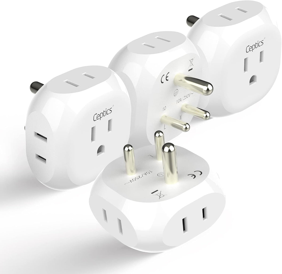 Ceptics India, Pakistan Travel Adapter - 4 Input - Ultra Compact - Light Weight - USA to Any Type D Countries Such as Bangladesh, Maldives and More - 4 Pack (PT-10-4PK)