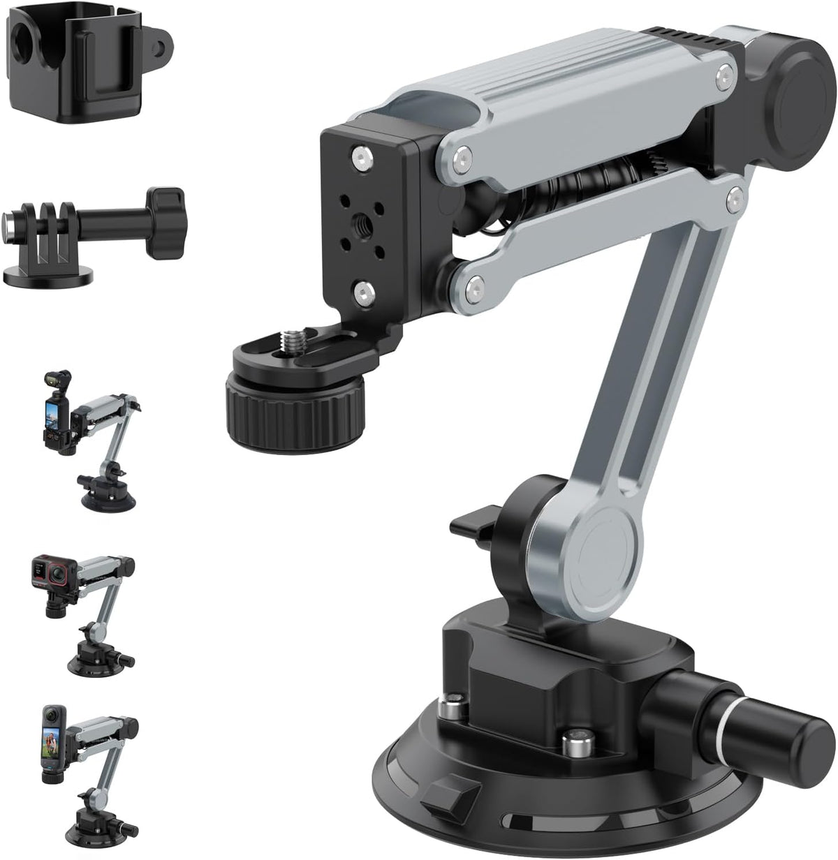 Geyo Camera Suction Cup Mount, Aluminum Alloy Multi-Function Shock Absorber Arm Stabilizer, 4" Vacuum Suction Cup, 1/4" Mounting Holes Car Mount for Insta 360 X4, for DJI Pocket 3, for GoPro, Silver