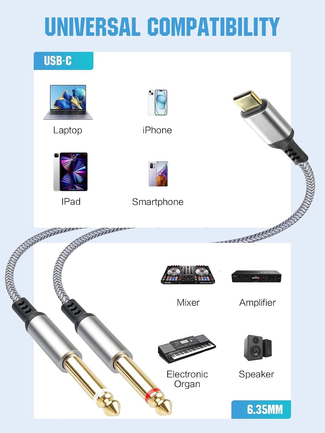 gudxfj 2 Pack 1/4 inch 6.35mm 6.6 USB C to Audio Cable, USB C to Dual TS Mono Cable, TS to Type C Y-Splitter Audio