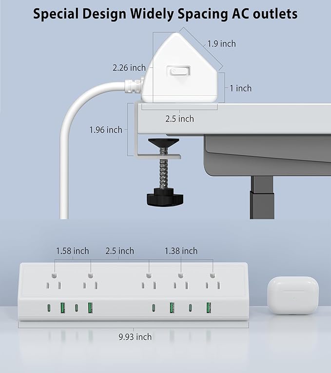 Jgstkcity Desk Clamp Power Strip USB C 45W,1200J Surge Protector