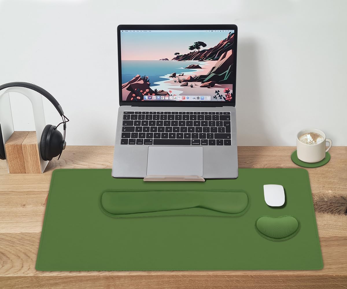Large Keyboard Mouse Pad Set, Extended Mouse Pad+Keyboard Wrist Rest Support, Memory Foam Ergonomic Easy Typing, 4Pcs (35.4×15.11 in) Desk Pad Set for Home Office Study Game - Green