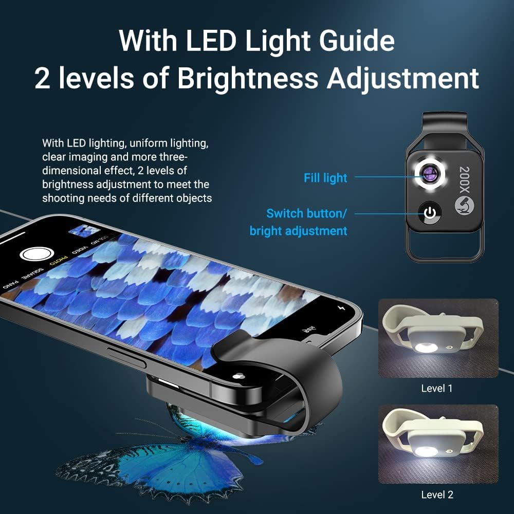 200X Magnification Microscope Lens withCPL Mobile LED Light Micro Pocket Macro Lenses for iPhone Samsung All Smartphones (White Without CPL)