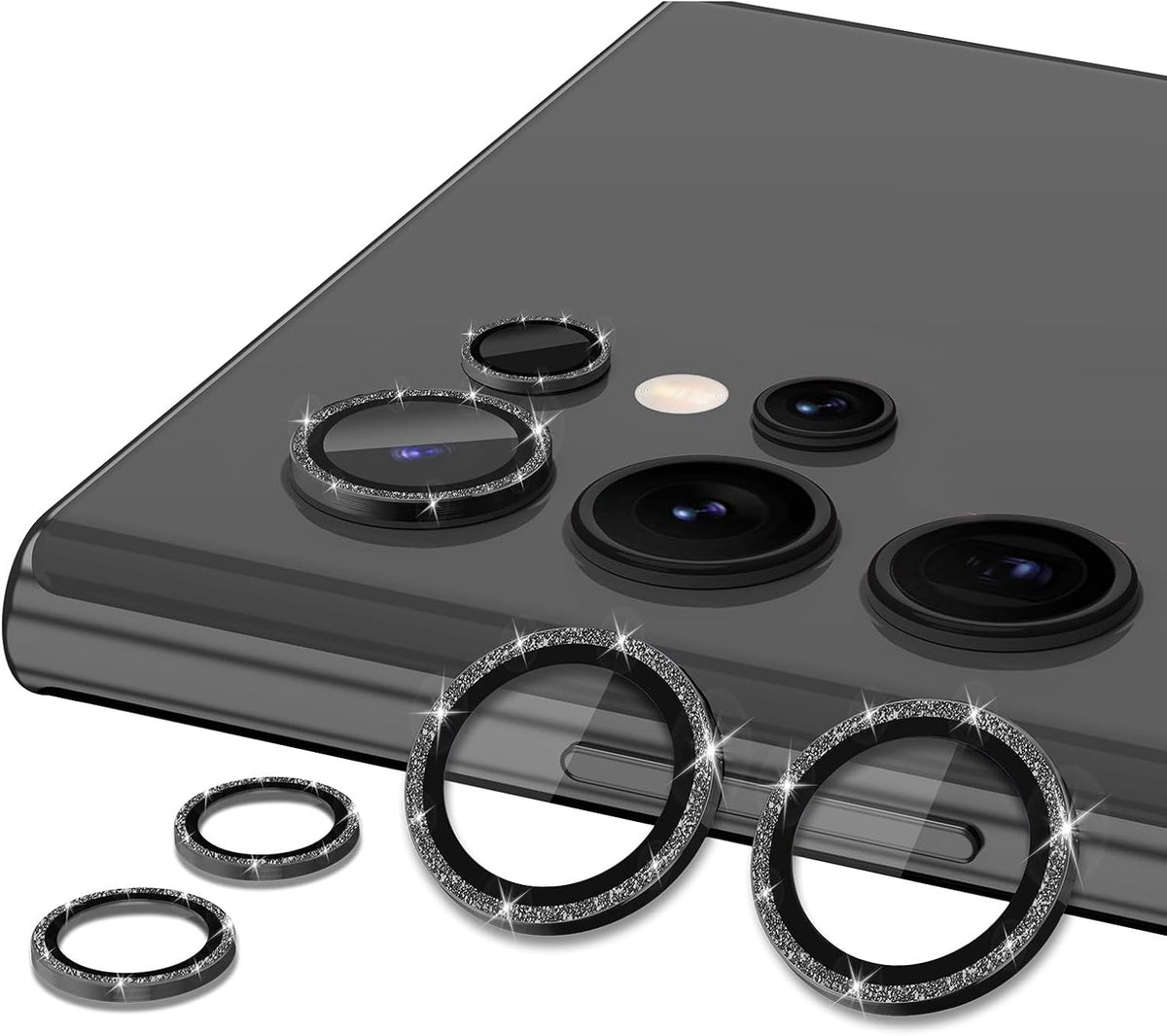 for Samsung Galaxy S22 Ultra Camera Lens Protector, Individual Metal Ring Tempered Glass Lens Cover, [Strong Adsorption] Scratch Resistant Ultra-Thin HD Clear Lens Cover, 1 Set-Black Sparkly