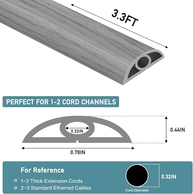 Floor Cord Cover Self Adhesive Cord Hider Floor Extension Cord Covers for Floor Power Cord Protector Cable Management Prevent Cable Trips Cable Cavity 0.32" W x 0.32" H (Light Grey Wood, 3.3Ft)