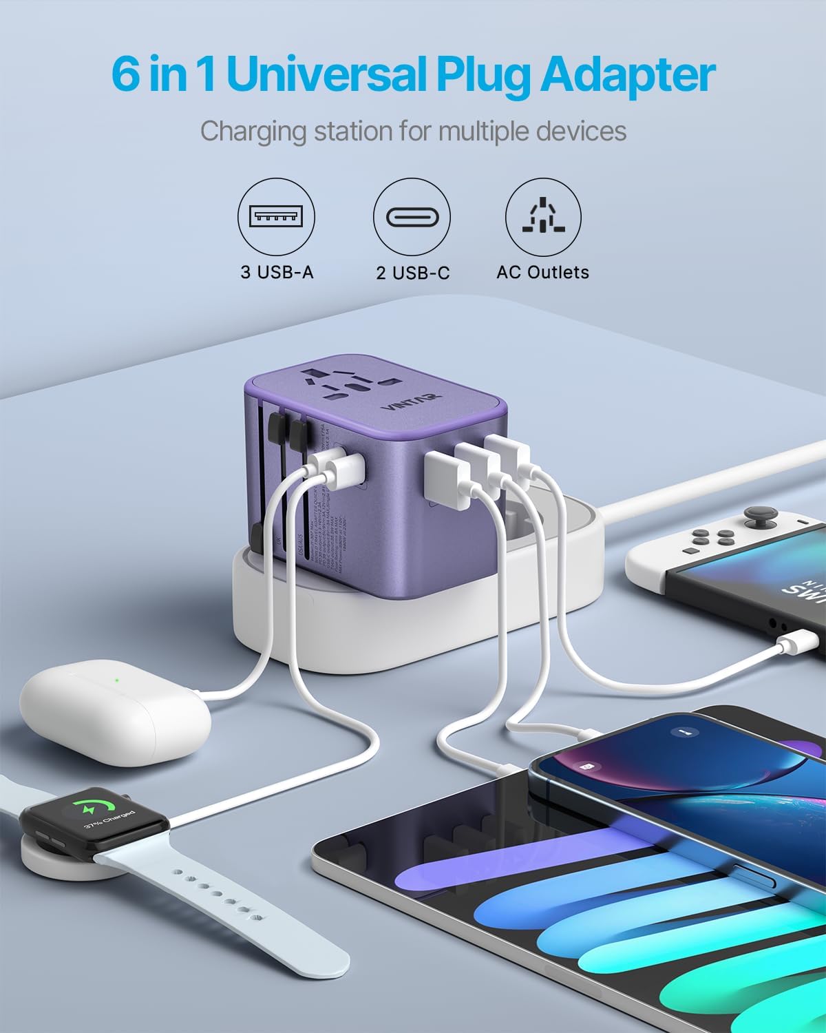 Universal Travel Adapter, VINTAR 35.5W International Power Adapter with 3 USB A QC and 2 USB C PD, All in One Plug Adapter Worldwide Travel Essentials for EU/UK/USA/AUS(Type C/G/A/I), Purple