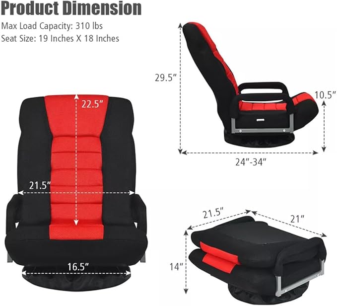 Foldable Floor Gaming Chair Video Gaming Rocker Chair for Adults 360° Swivel Comfort Armrest 7-Position Adjustable Back for TV Reading 330 lbs Support Steel Frame Comfortable Fabrics (Red)