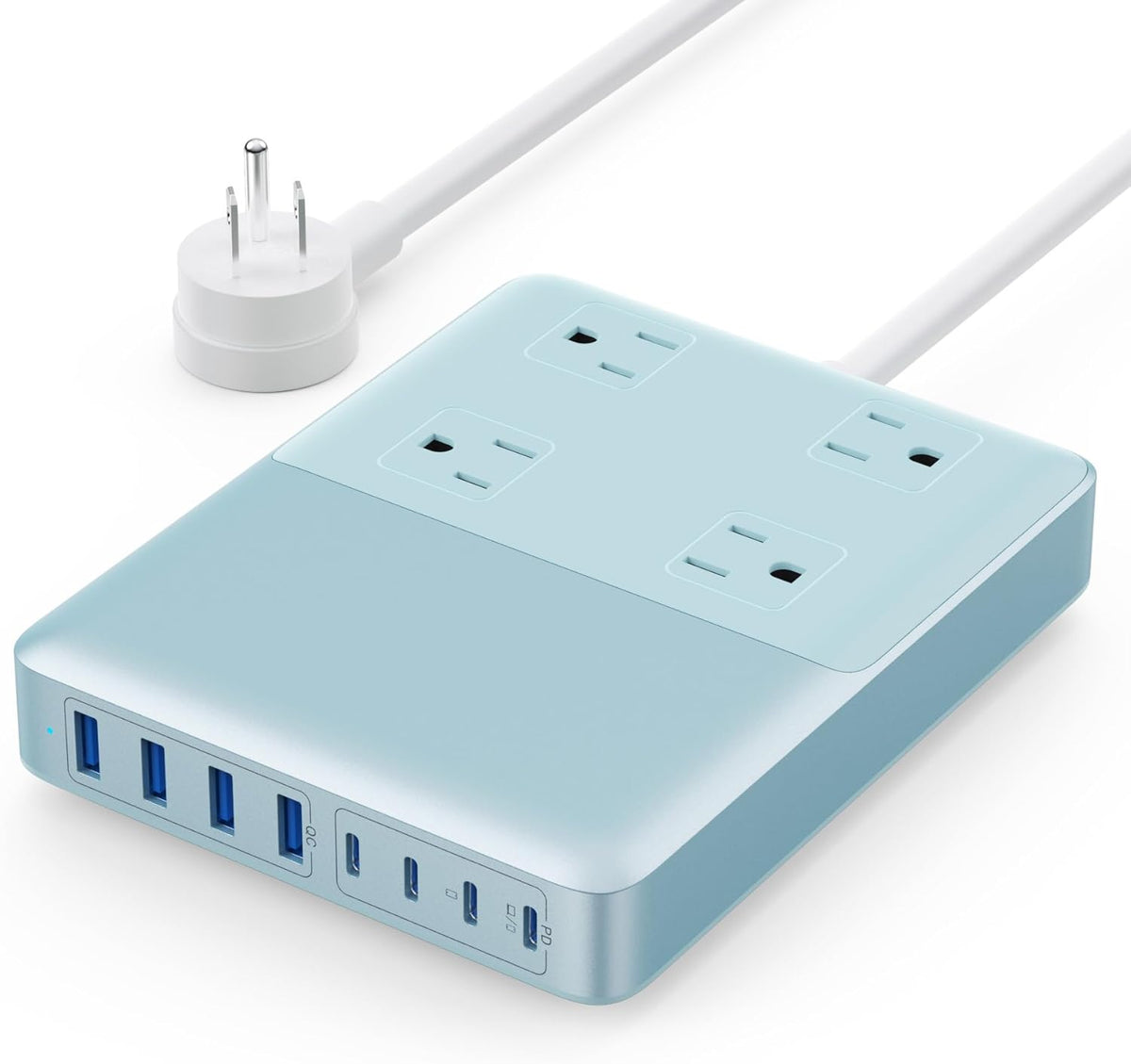 12-in-1 Charging Station USB C Power Strip with 5ft Cord,200W GaN IV USB C Charger Block,4 AC Outlets,4 USB-A,4 USB-C for MacBook,iPhone 16/15/14,Fast Charging Desktop Charger for Office (Light Blue)
