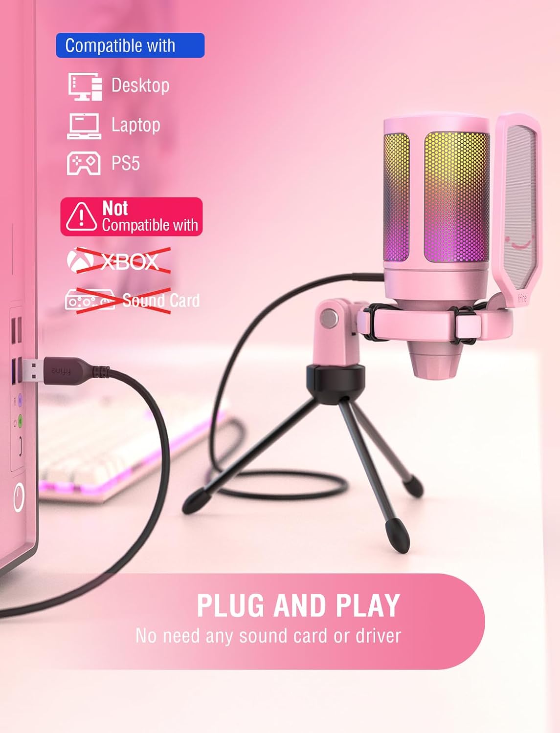 FIFINE USB Gaming PC Microphone for Streaming Podcasts, AmpliGame RGB Computer Condenser Desktop Mic, Cardioid Pattern for YouTube Video, Plug and Play on PS4 PS5, with Quick Mute, Mic Gain-A6V Pink