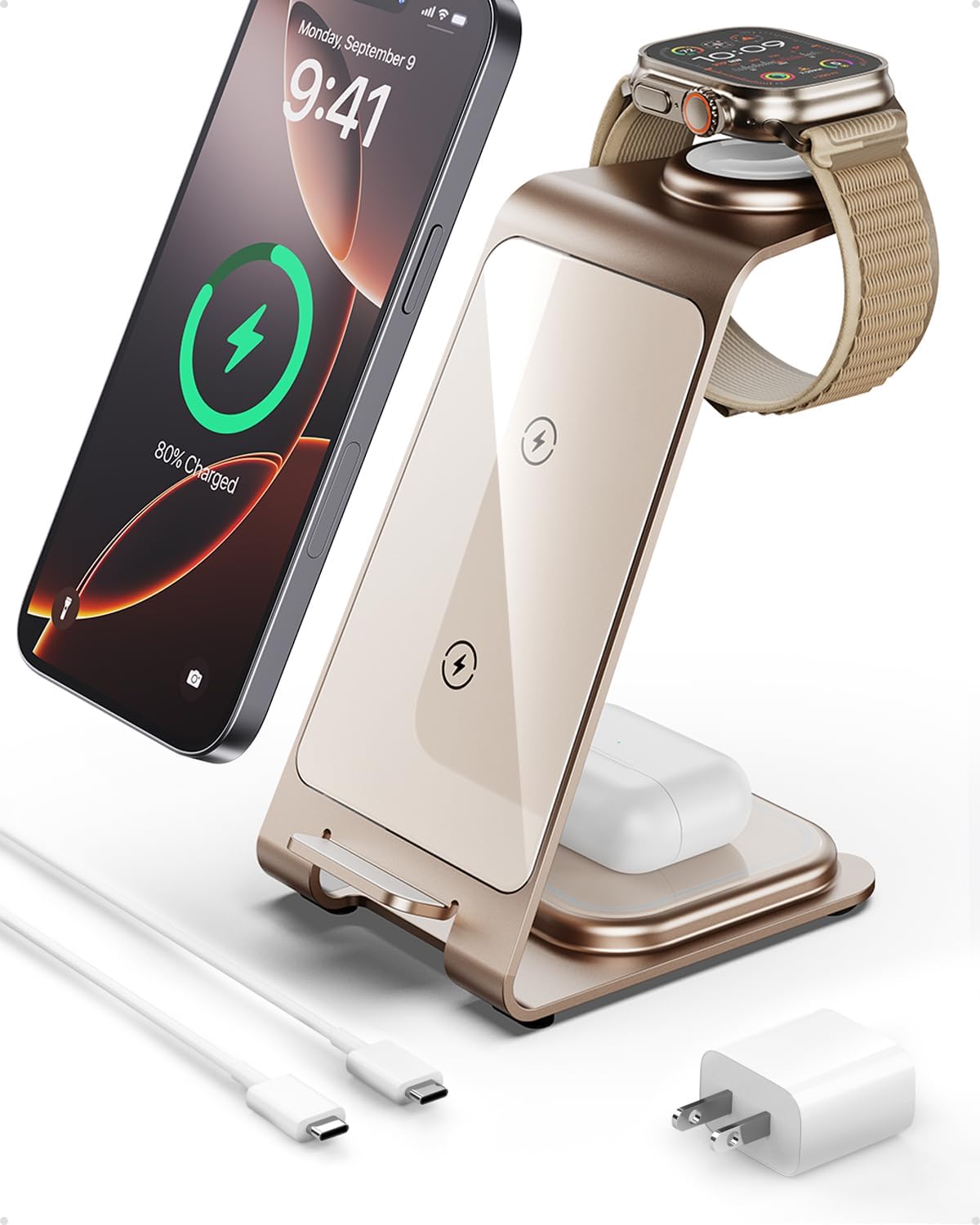 Intoval 3 in 1 Wireless Charging Station for iPhone 16 15 14 13 12 11 X Pro Max, Wireless Charger for Apple Watch 10 Ultra 3 SE 9 8 7 6 5 4 3 2, for AirPods 4 Pro Pro 2 3 (Y93, Desert)