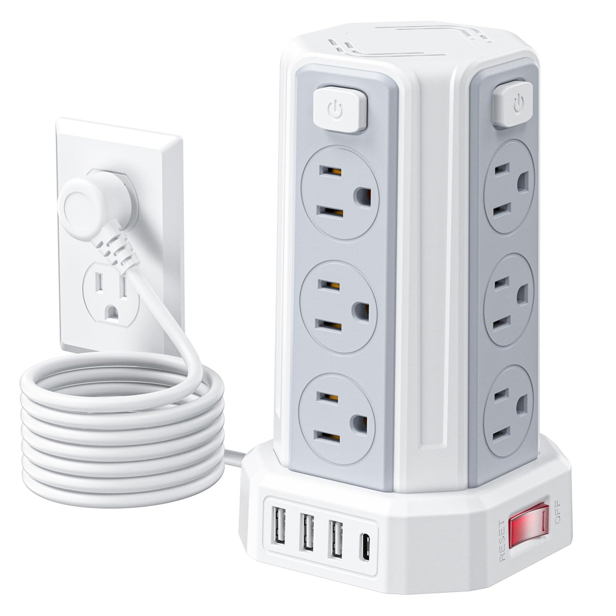 Power Strip Surge Protector, 6.5 Ft Extension Cord with 12 AC Multiple Outlets 4 USB (1 USB C), SMALLRT Power Tower Desktop Charging Station