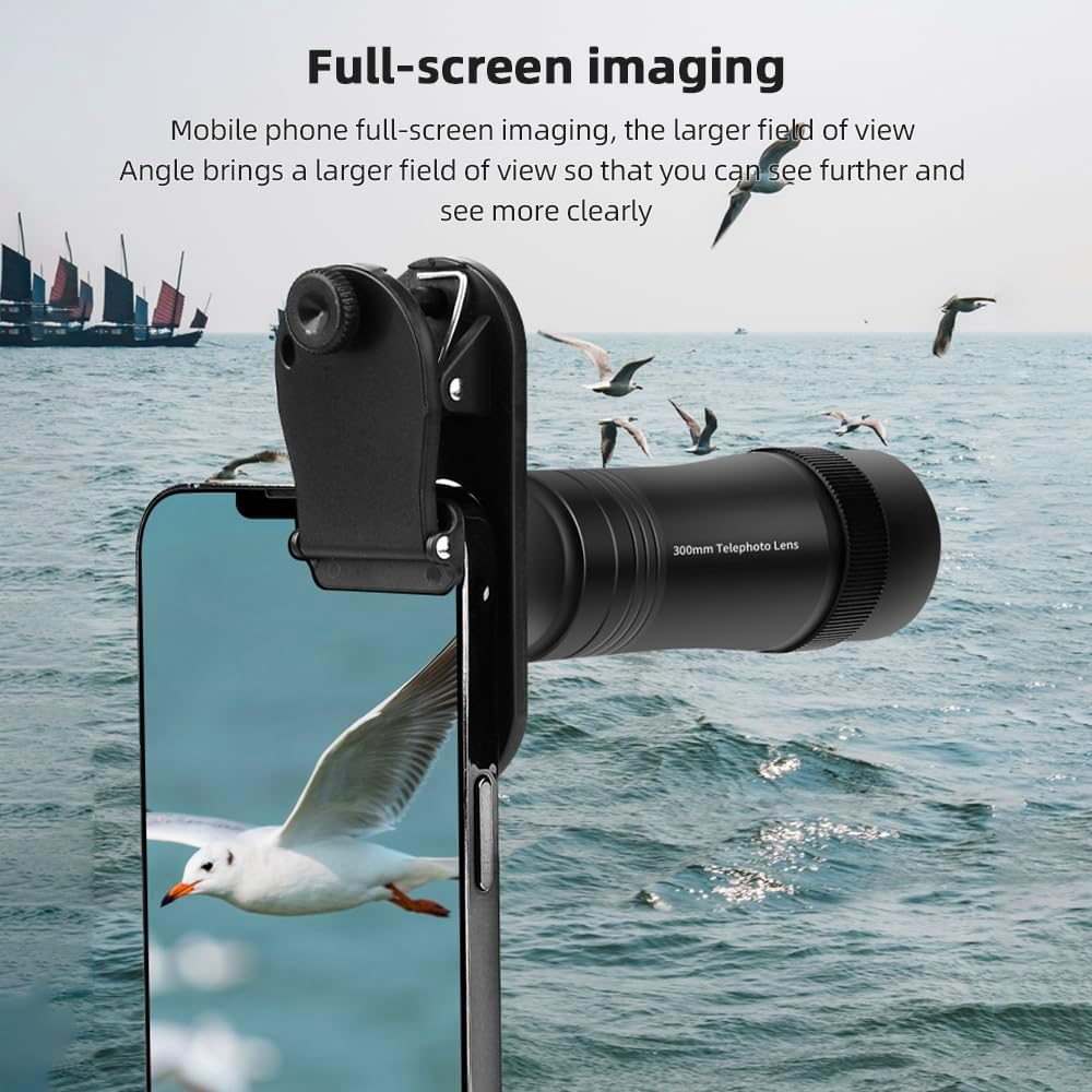 Andoer 300MM Phone Telephoto Lens for Smarphone Zoom Lens 10X with Universal Lens Clip Cleaning Cloth Storage Bag for Hiking Camping Wildlife Observation Moon Sports Game Concert Watching