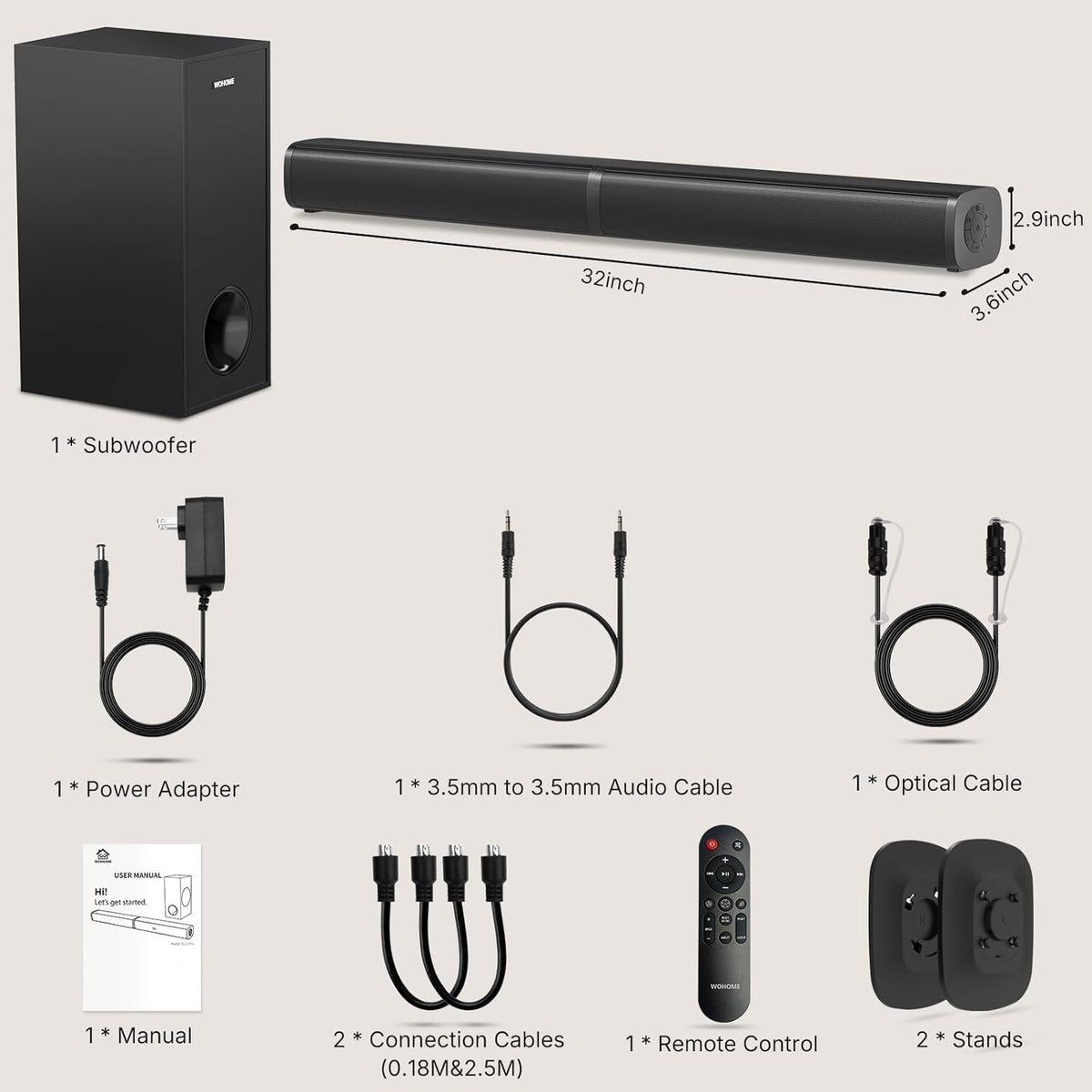 Wohome 2 in 1 Detachable Sound bar with Subwoofers, 4.1 Channel Bluetooth Sound Bar for Smart TV, Home Theater Surround Sound System, Optical, AUX, USB Input, Bass Adjust, Remote/Button Control