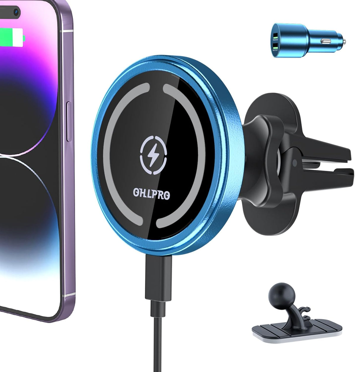 OHLPRO for iPhone16 Magsafe Car Mount Charger, 15W Fast Charging Dashboard Magnetic Car Phone Holder - Vent Clip and 3M Adhesive Base Never Block Air for iPhone 15/14/13/12 Series Magsafe Case, Blue