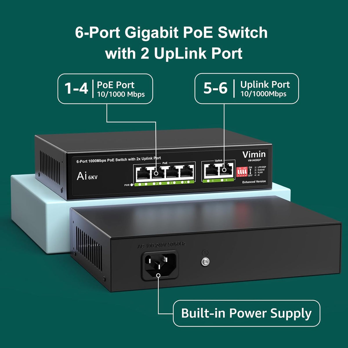 [Upgraded] 6-Port Gigabit PoE Switch with 4 Port PoE, VIMIN 4-Port Unmanaged 10/100/1000Mbps Network PoE Switch with 2 Uplink Ports, AI Watchdog, VLAN, Extend 250m, Support IEEE802.3af/at