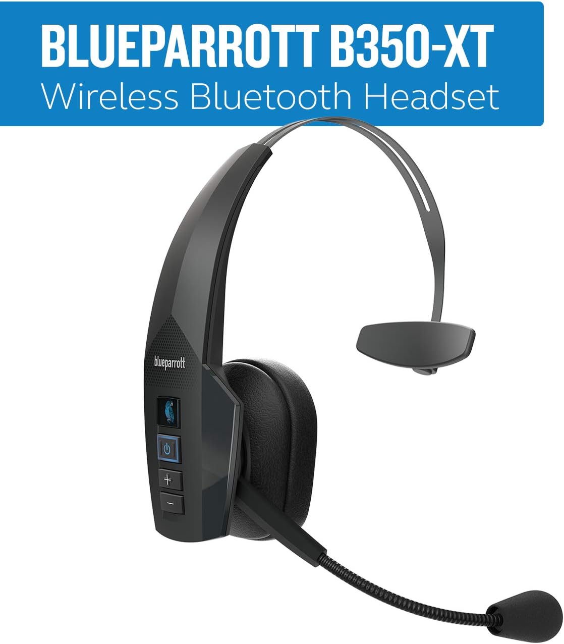 BlueParrott B350-XT Mono Bluetooth Wireless Headphones 96% Noise Canceling Over Head Trucker Headset with Mic, Adjustable Lightweight Headband, IP54-Rated Protection, 24 hrs. Talk Time, Black