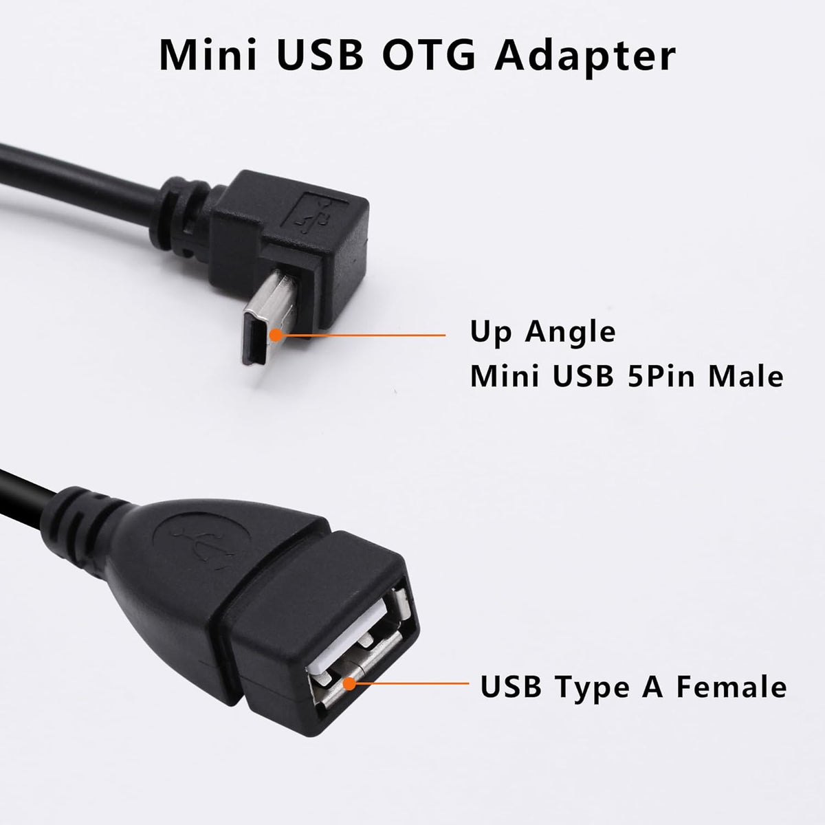 90 Degree Mini USB to USB A OTG Adapter Cable 5.5in Up Angle Mini USB 5-Pin Type B Male to USB Type A Female Adapter Cord for Digital Cameras,Black,14cm(2 Pack,UP)