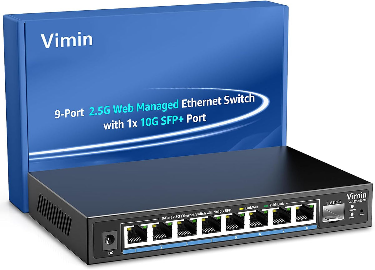 8 Port 2.5G Web Managed Ethernet Switch with 10G SFP, VIMIN 9 Port 2.5G Smart Network Switch Managed 60Gbps Switching Capacity, Support Vlan/QoS/IGMP/Static Aggregation, Desktop/Wall-Mount, Fanless