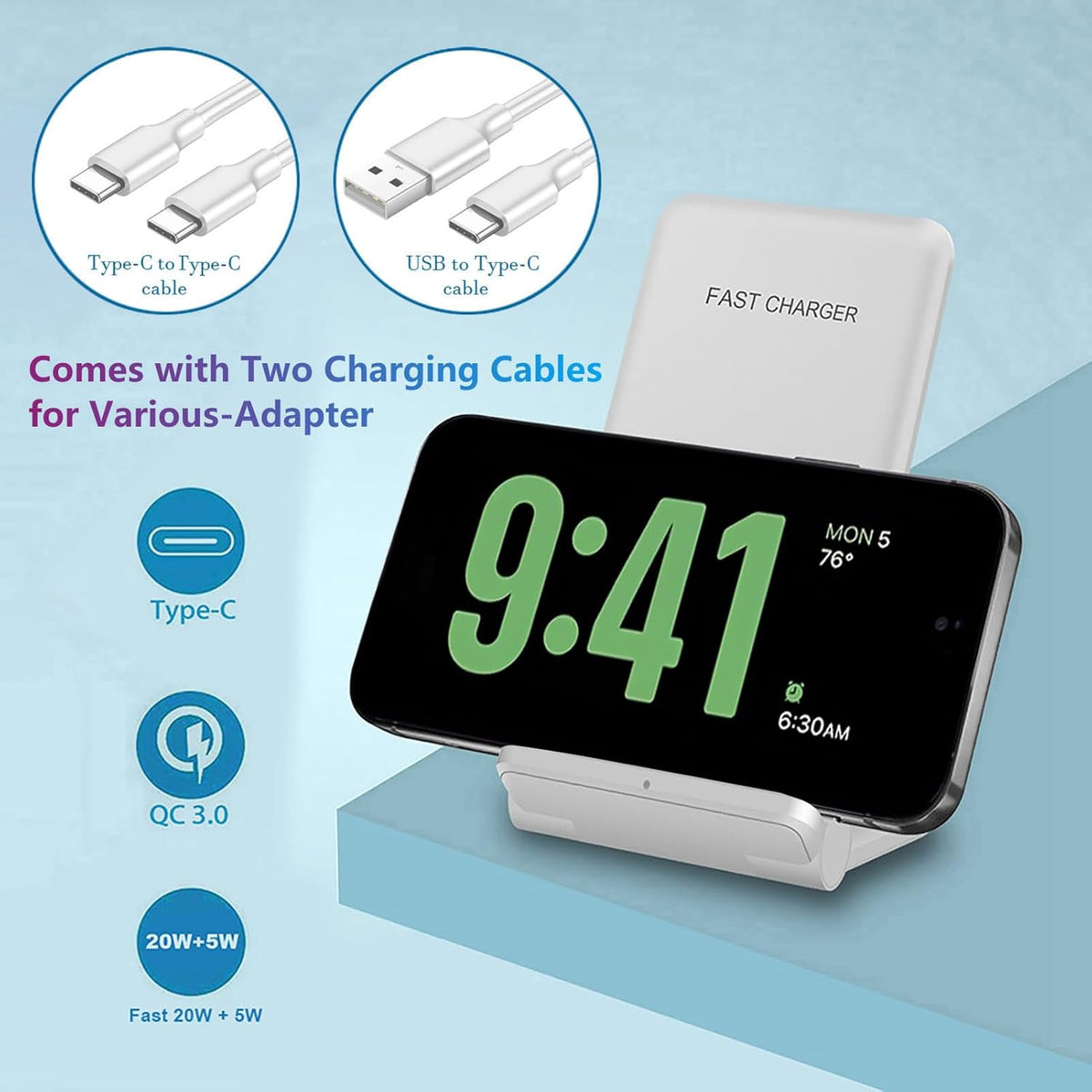2 in 1 Wireless Charger,Foldable 20W Fast Wireless Charging Stand Compatible with iPhone 16/16 Pro/15/14/13/12/X/AirPods,Dual Phone Induction Charge Station for Samsung,Pixel,Xperia,LG(No Plug)