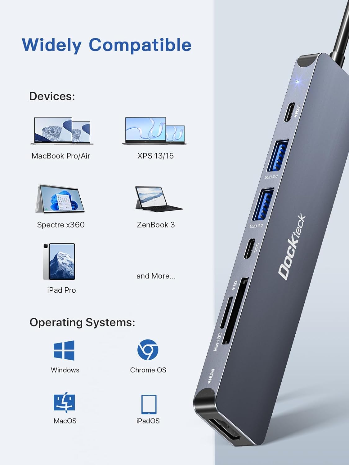 USB C Hub, dockteck 7 in 1 Multiport USB C Adapter with 4K HDMI, 100W PD, 5 Gbps USB-C, 2 USB-A Data Ports, SD/TF Card Reader for MacBook Pro/Air, iPad Pro, Surface Pro, Steam Deck, XPS, HP