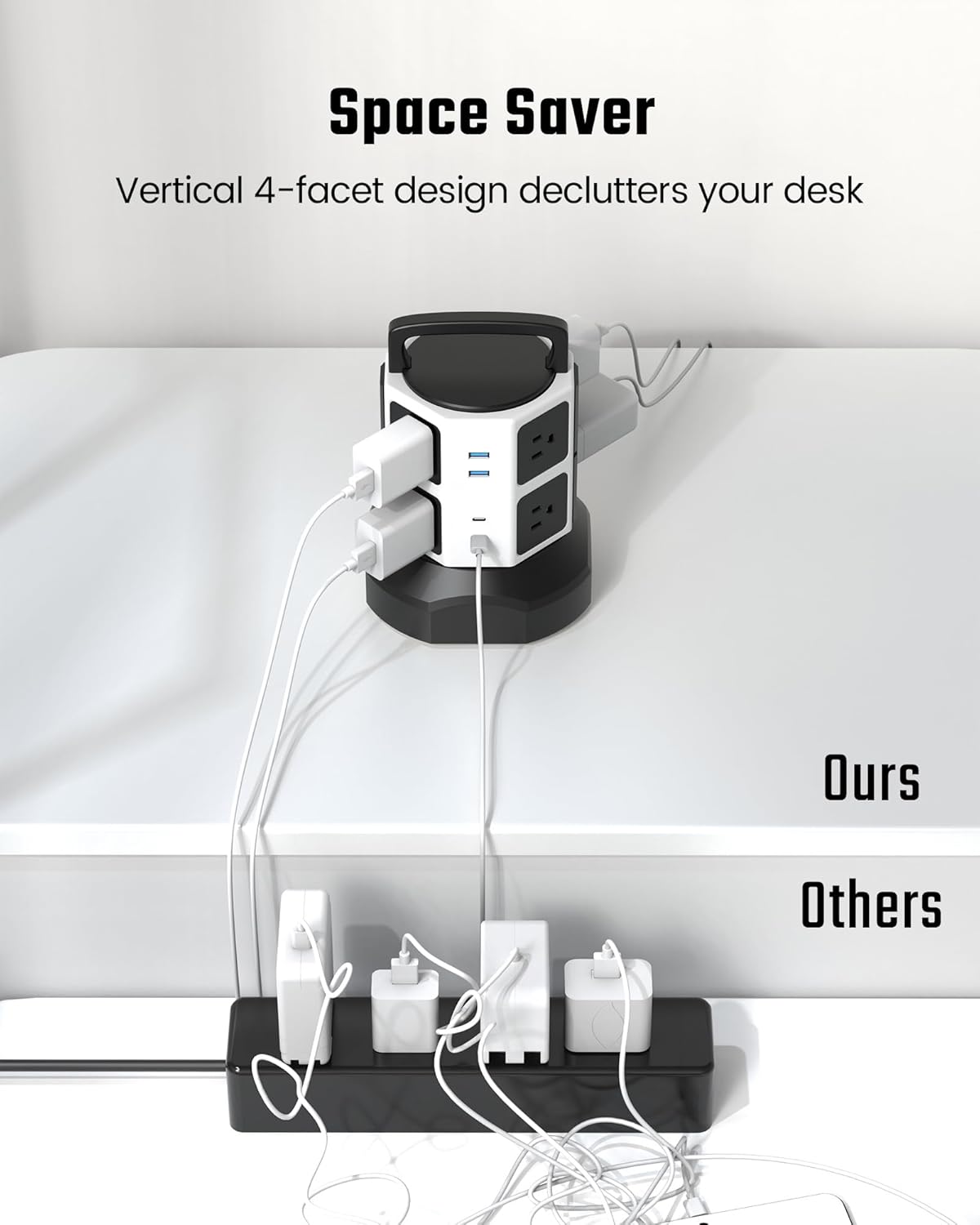 Tower Surge Protector Power Strip, JACKYLED Extension Cord with Multiple Outlets, 8 Outlets 4 USB Ports(2 USB C) 1625W/13A Retractable Cord Charging Station with 1050J Protection, Home Office Supplies