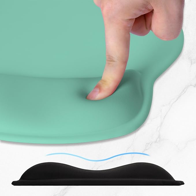ITNRSIIET Ergonomic Mouse Pad with Wider Memory Foam Wrist Rest +17%, Curved Cushion Reduces Pressure 20%, Pain Relief, Non-Slip, Smooth, Cute Color Desk Accessory, 9.85 x 9 inch, Mint Green