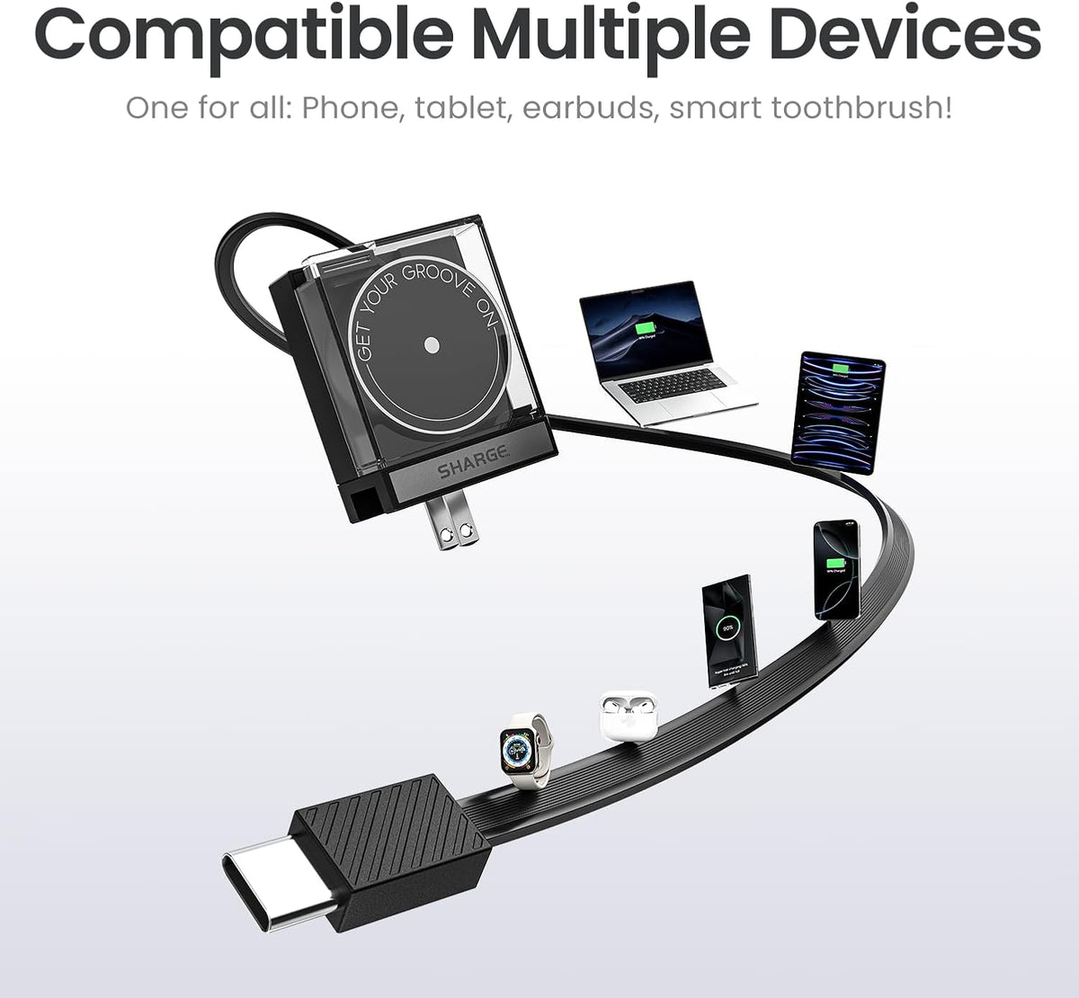 Retractable 65W USB C Charger, GaN Power Wall Charger with Retractable Cable, 2 Devices PD Fast Charging for MacBook Pro/Air, iPhone 16,Pixel Book, iPad Pro Black