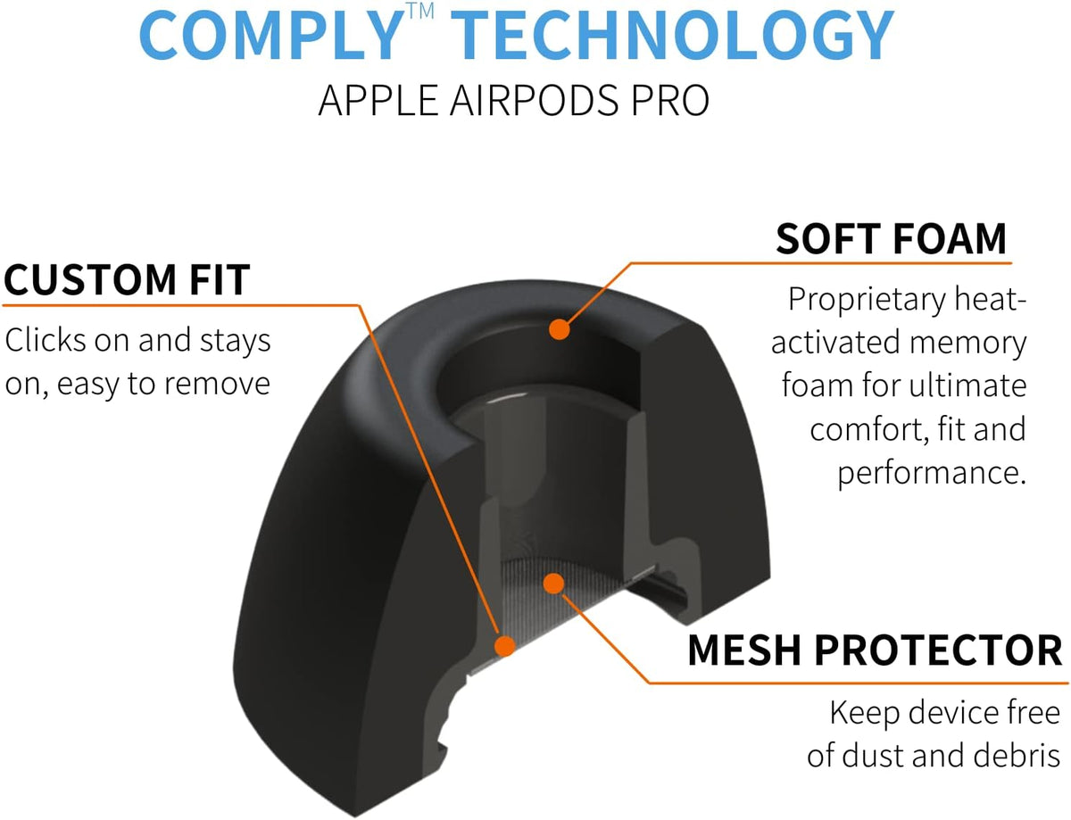 Comply Memory Foam Replacement Earbud Tips for Apple AirPods Pro 1 & 2 | Ultimate Comfort, Secure Fit, Superior Noise Isolation | Anti Slip, Prevent From Falling Out | Black, Large (3 Pairs)