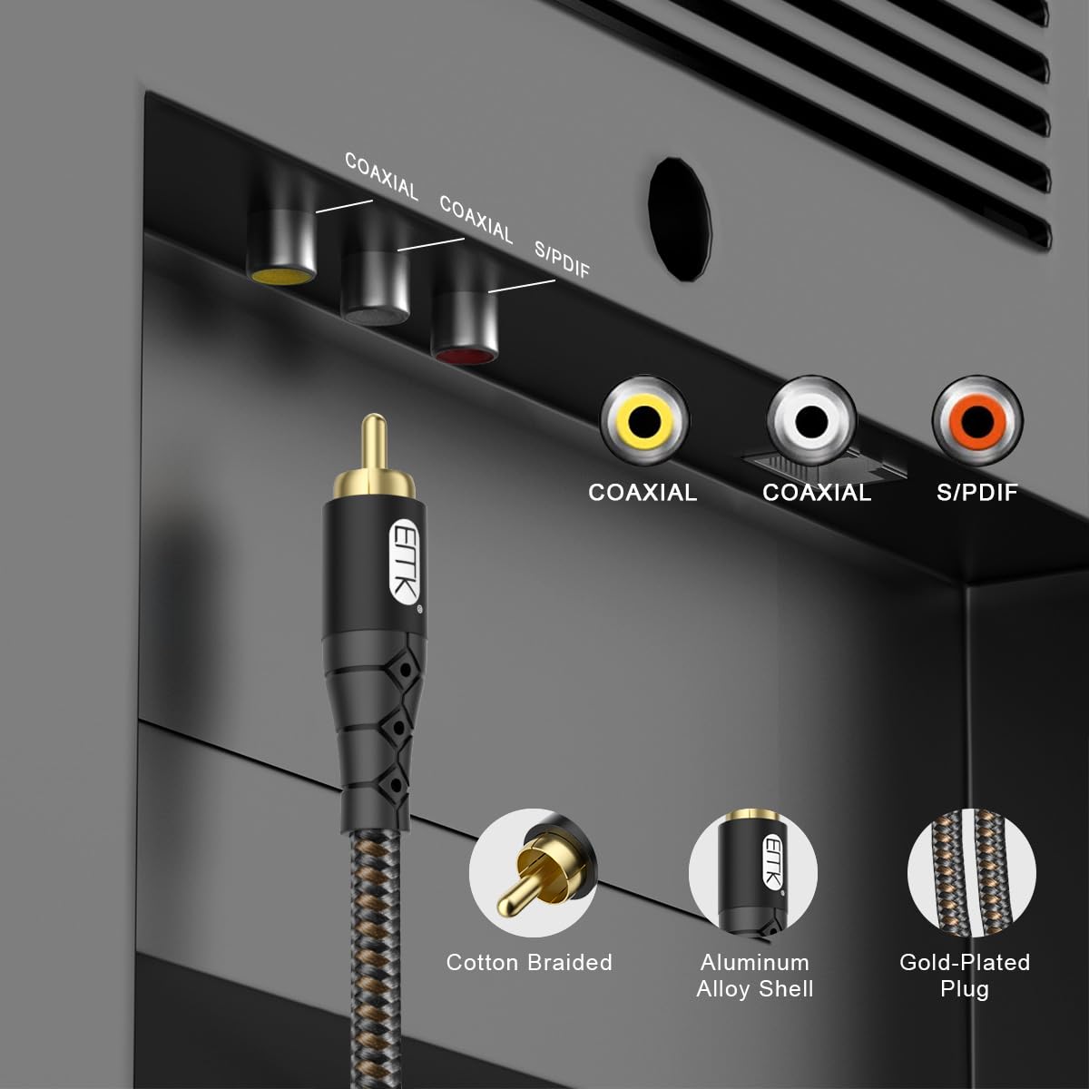 EMK RCA to RCA Subwoofer Cable – 24K Gold-Plated Connector Nylon Braided Double Shielded Audio Cable Digital&Analog Signal Support for Amplifiers Subwoofer Home Theater Hi-Fi Systems Black/25ft/8m