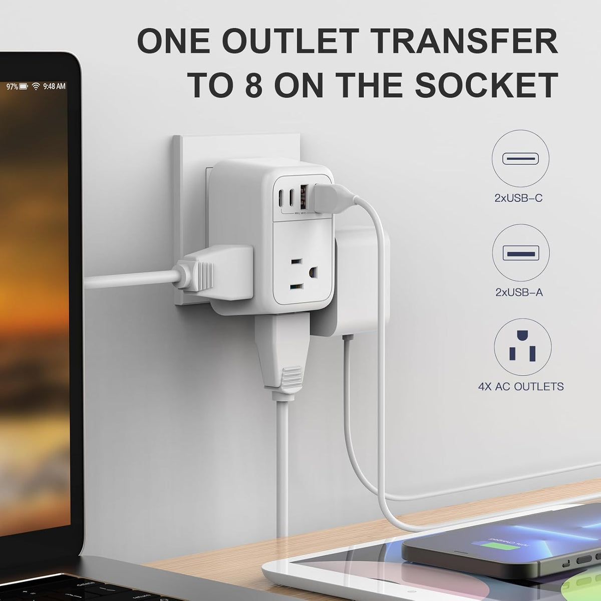 International Travel Adapter, Europe Travel Adapter with USB, Universal Travel Adapter (3 USB A & 1 Type-C) for The US to Most of Europe Iceland Spain Italy France Germany (Type E/F)