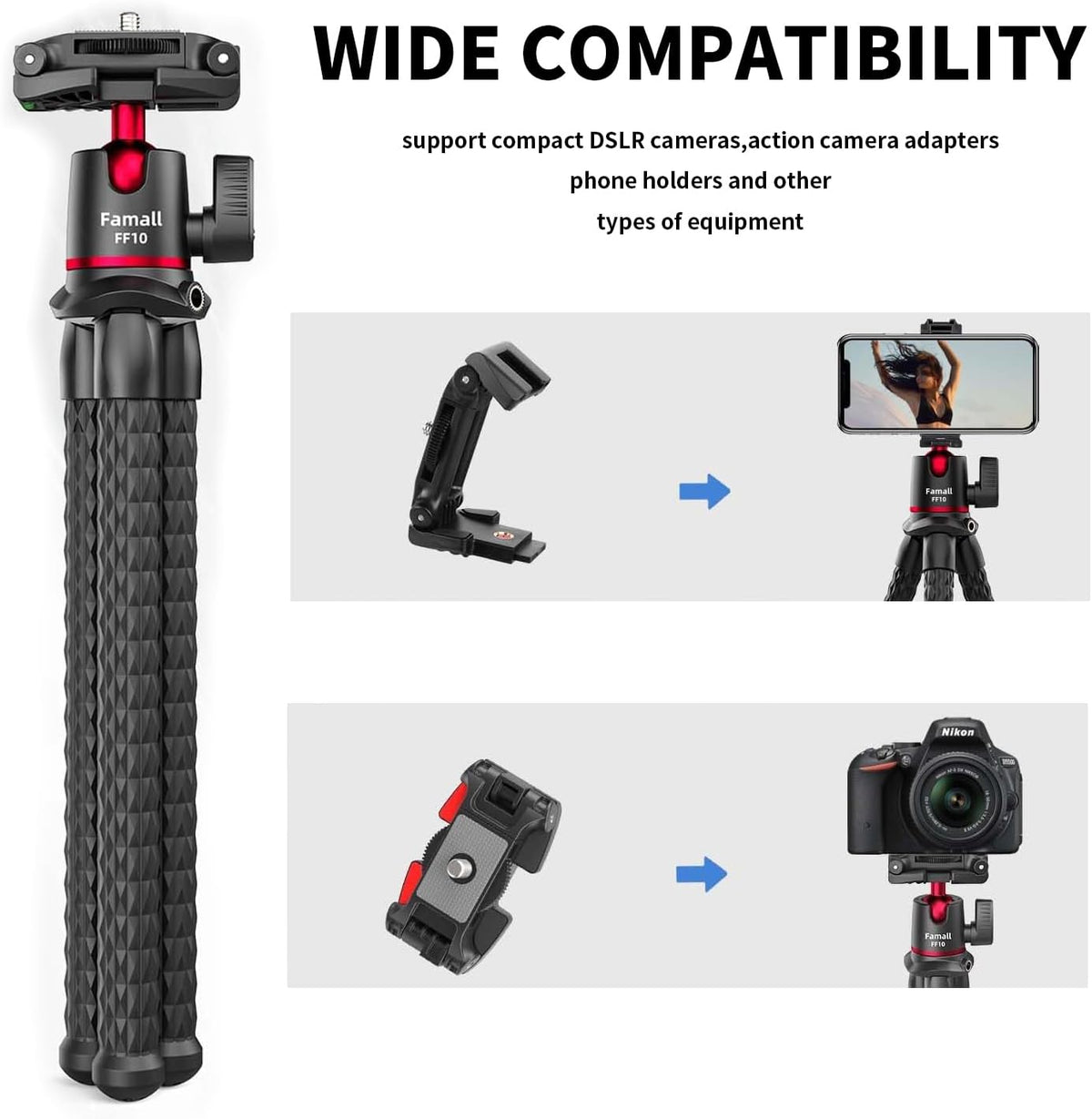 Camera Tripod, Famall Flexible Tripod Stand for Phone with Cold Shoe Phone Mount for iPhone Canon Nikon Sony Cameras