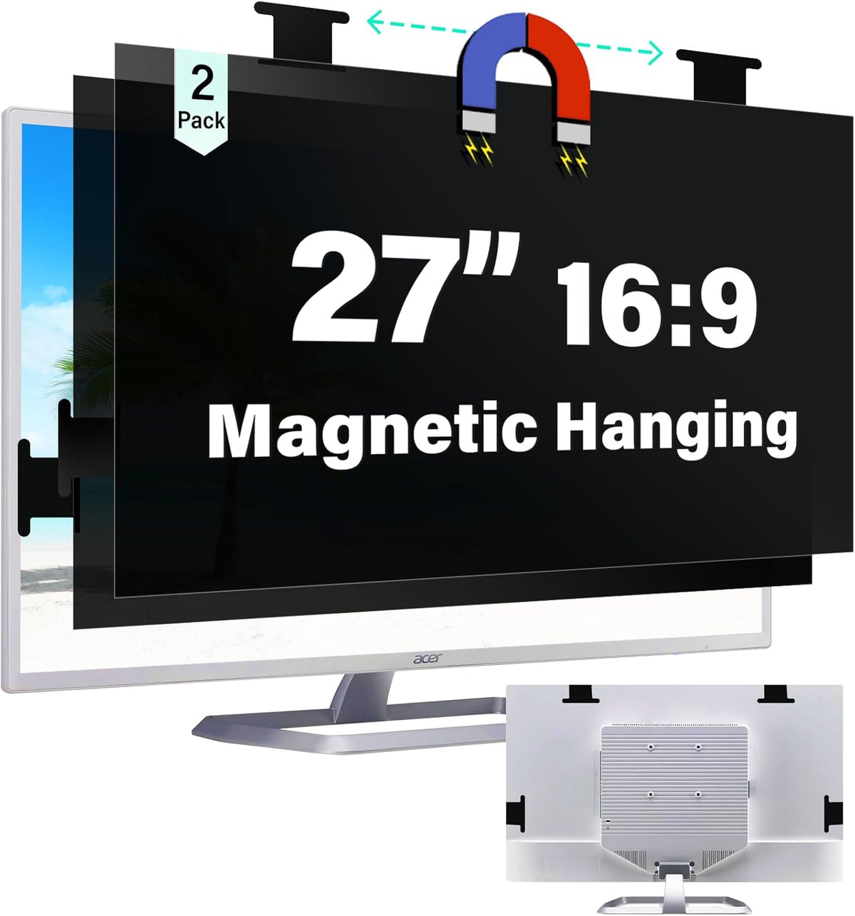 [2 Pack] Magnetic 27 Inch Computer Privacy Screen for 16:9 Aspect Ratio Widescreen Monitor, Hanging Eye Protection Anti Glare Blue Light Computer Monitor Privacy Filter, Removable 27 in Protector Film