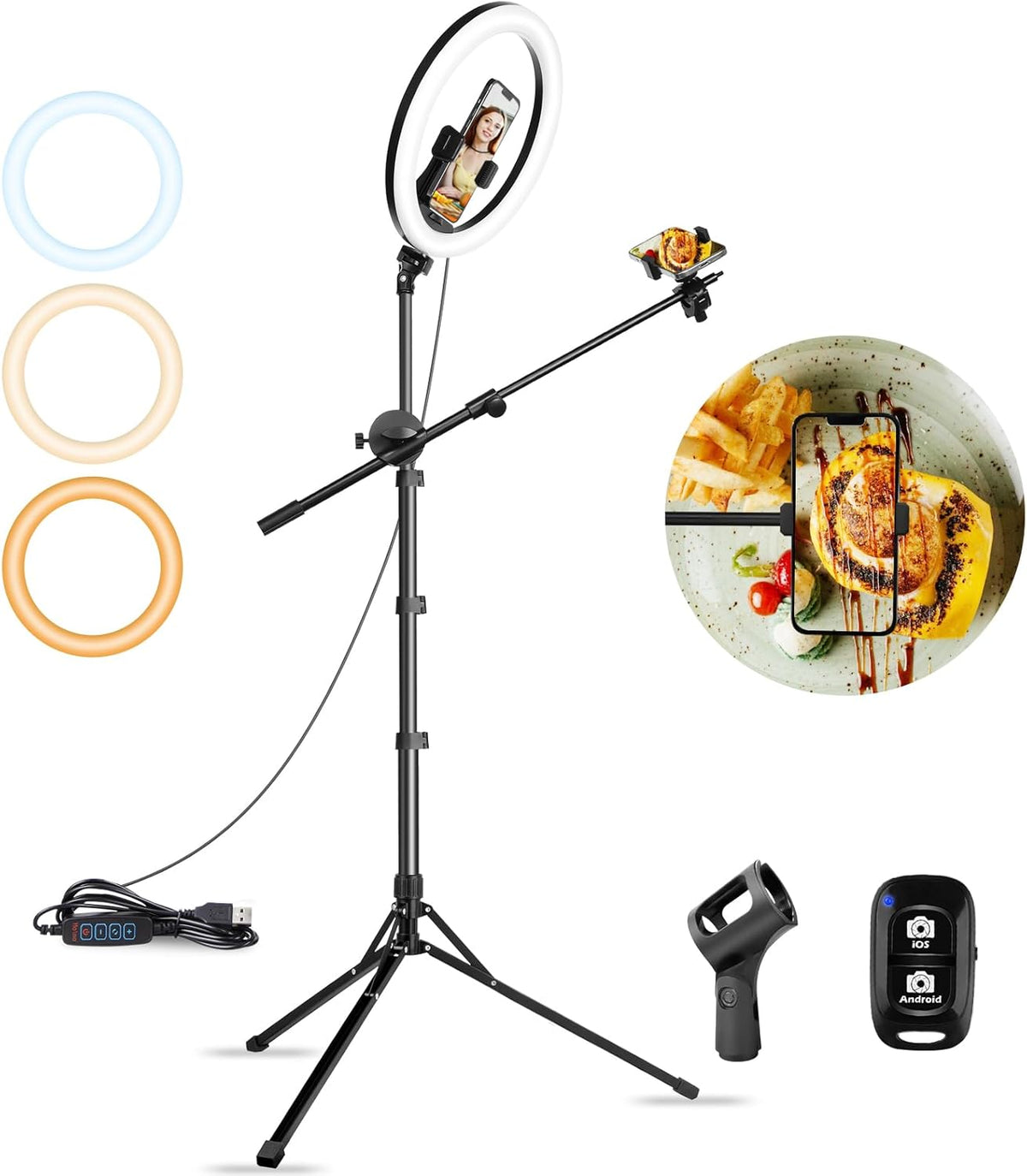 Aureday 12" Overhead Ring Light with Stand, Dimmable Ringlight with Phone & Mic Holder, 62" Adjustable Tripod for Video Recording, Live Streaming, Tiktok, YouTube, Makeup, Cooking