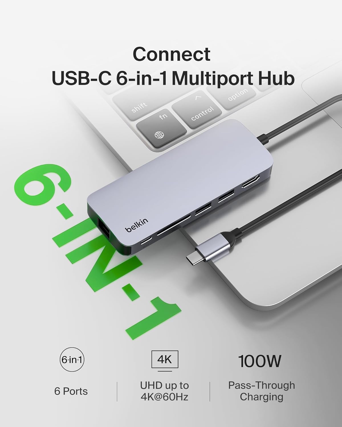 Belkin USB-C Hub - 6-in-1 Multi-Port Adapter Dock with 4K HDMI, USB-C 100W PD Pass-Through Charging, 2X USB-A Ports, Gigabit Ethernet Ports, and SD Slot for MacBook Pro, Air, iPad, Pro, XPS and More