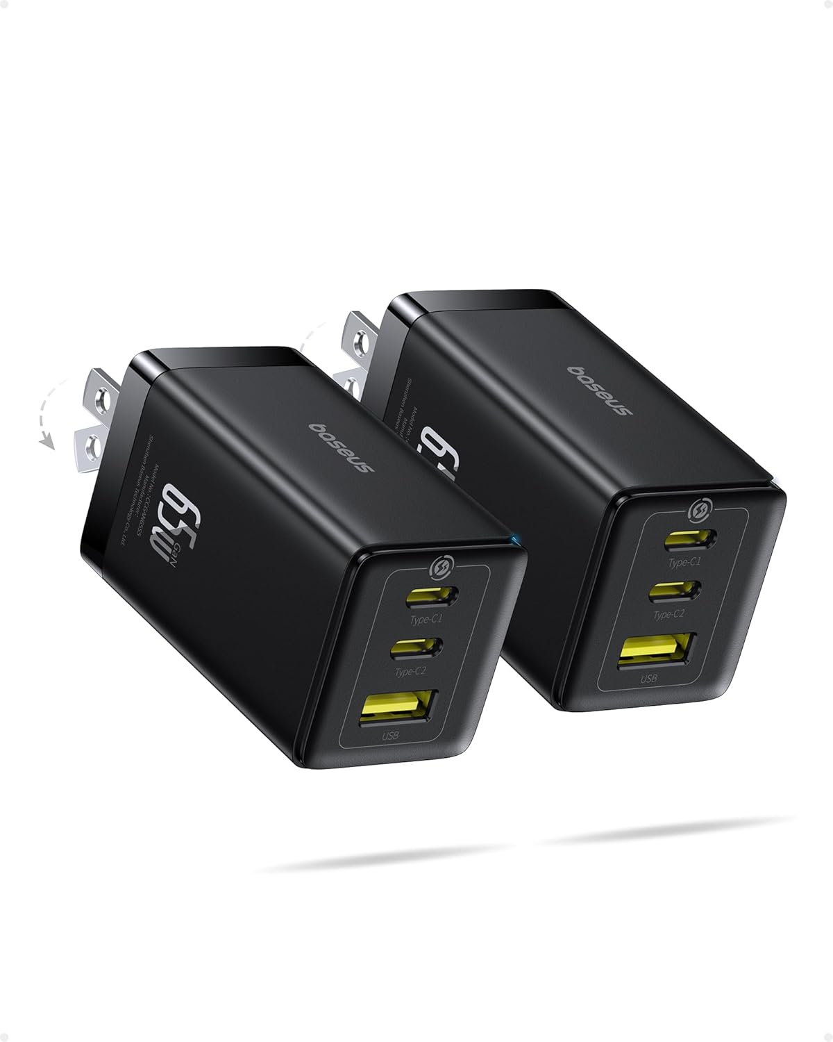 Baseus 2 Pack 65W USB C Charger Block, PPS 3-Port Fast Compact Foldable USB C Charger for MacBook, iPad Pro, Galaxy S24, iPhone 16/15 and More Series
