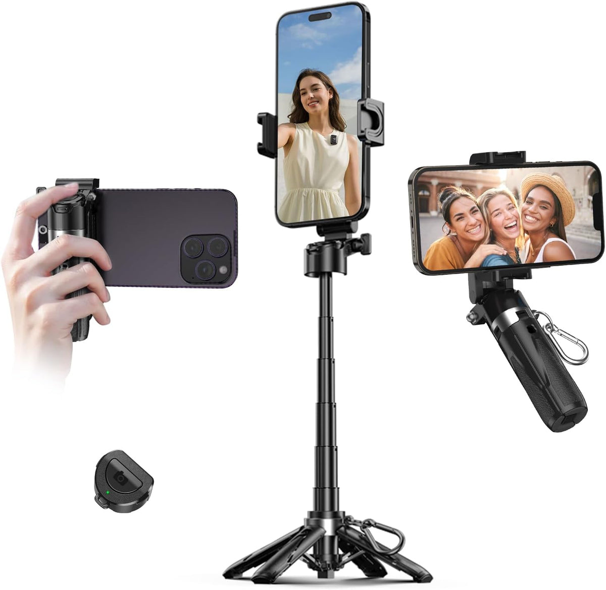 Mini Selfie Stick for iPhone with Remote, 3-in-1 Portable Selfie Tripod with 2 Cold Shoe Mounts, Pocket Size Phone Tripod for Android, Vlog, Video, Livestreaming, Photography (Black) T26