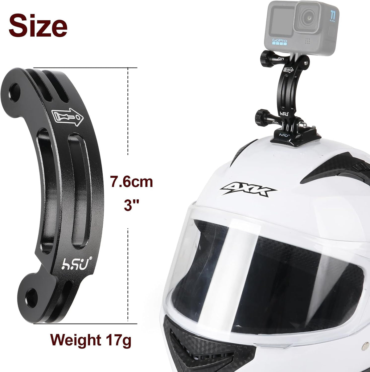 HSU Aluminum Alloy Curved Extension Arm (3”) Metal Pole Mount Helmet Stick Extension Arm Mount for Hero 13/12/11/10/9/8/7/6 Black, DJI Osmo Action 4/3 and More Action Cameras (Black)