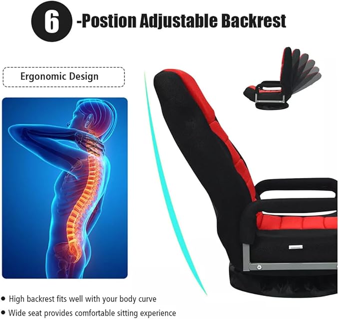 Foldable Floor Gaming Chair Video Gaming Rocker Chair for Adults 360° Swivel Comfort Armrest 7-Position Adjustable Back for TV Reading 330 lbs Support Steel Frame Comfortable Fabrics (Red)