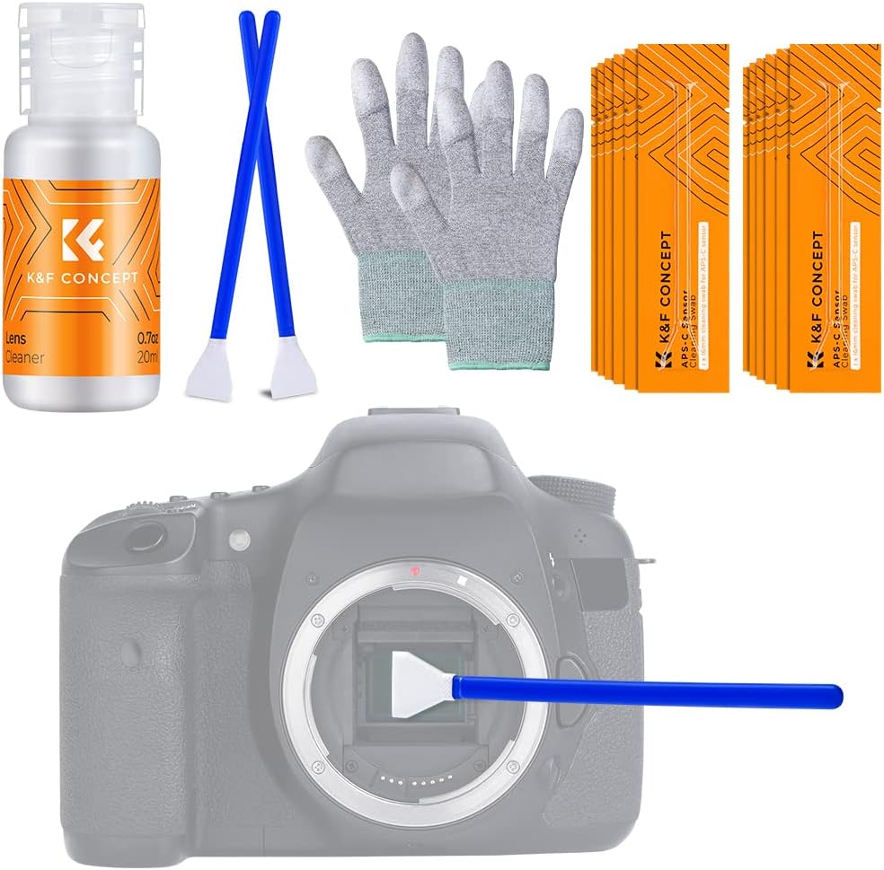 K&F Concept APS-C Sensor Cleaning Kit - 16pcs Swabs, 20ml Cleaner & Gloves, Camera Lens Cleaning Kit for CMOS & CCD Sensors
