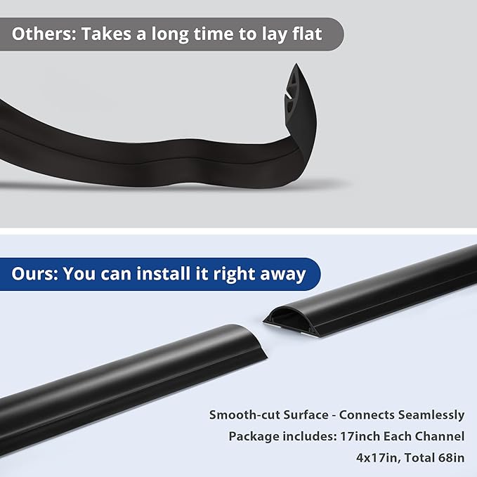 ZhiYo Cord Hider Floor 68in(4xL17in), Rigid PVC Floor Cord Cover, Hard PVC Floor Wire Cover, Floor Cable Cover for Cable Management Floor, Cable Floor Cover Black, Cord Cavity - 1in W x 0.35in H