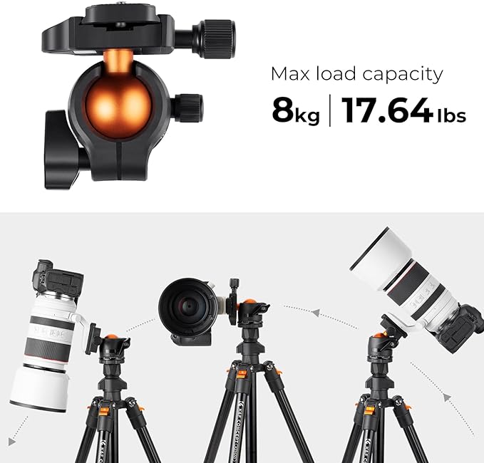 K&F CONCEPT 64 inch/163 cm Camera Tripod,Lightweight Travel Outdoor DSLR Tripods with 360 Degree Ball Head Load Capacity 17.6 lbs/8 kg,Cellphone Clip for Smartphone Live Streaming Vlog O234A1+BH-36