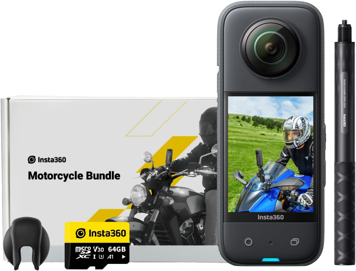 Insta360 X3 Motorcycle Kit (New Version) - Waterproof 360 Action Camera with 1/2" 48MP Sensors, 5.7K 360 Active HDR Video, 72MP 360 Photo, 4K Single-Lens, 60fps Me Mode, Stabilization