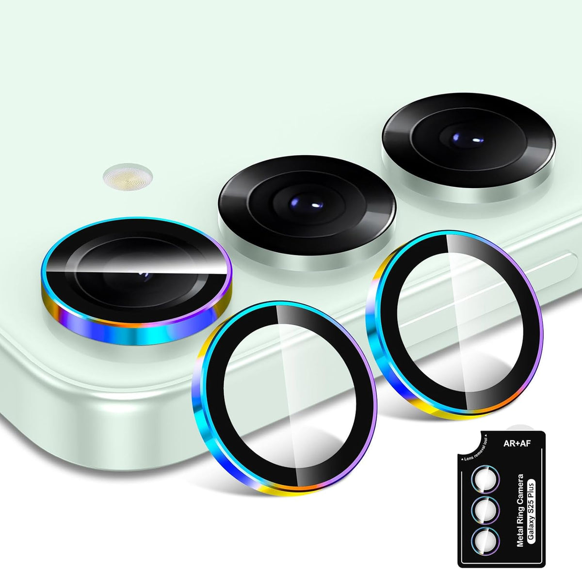 for Samsung Galaxy S25 Plus Camera Lens Protector, Individual Metal Ring Tempered Glass Lens Cover, [Strong Adsorption] Scratch Resistant Ultra-Thin HD Clear Lens Cover, 1 Set-Colorful Ring