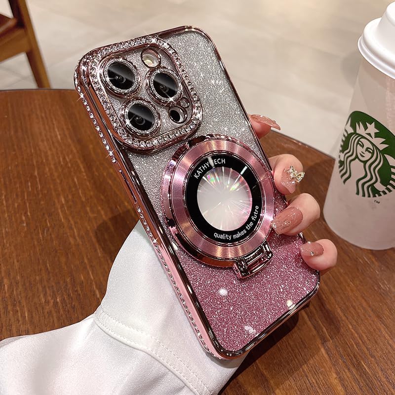 Magnetic Kickstand (Glitter Lens Protector ) Case for iPhone 15 14 13 16 Pro Max (Compatible with Magsafe ) Sparkling Diamond Cover Glitter Shiny Rhinestone Cases (Pink,for iPhone 16)