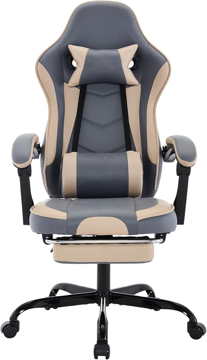 Beige+Blue Ergonomic Gaming Chairs for Adults Swivel Height Adjustable Comfortable Office Desk Chair with Footrest and Lumbar Support PU Upholstered Computer Chair with Headrest (Beige+Blue)