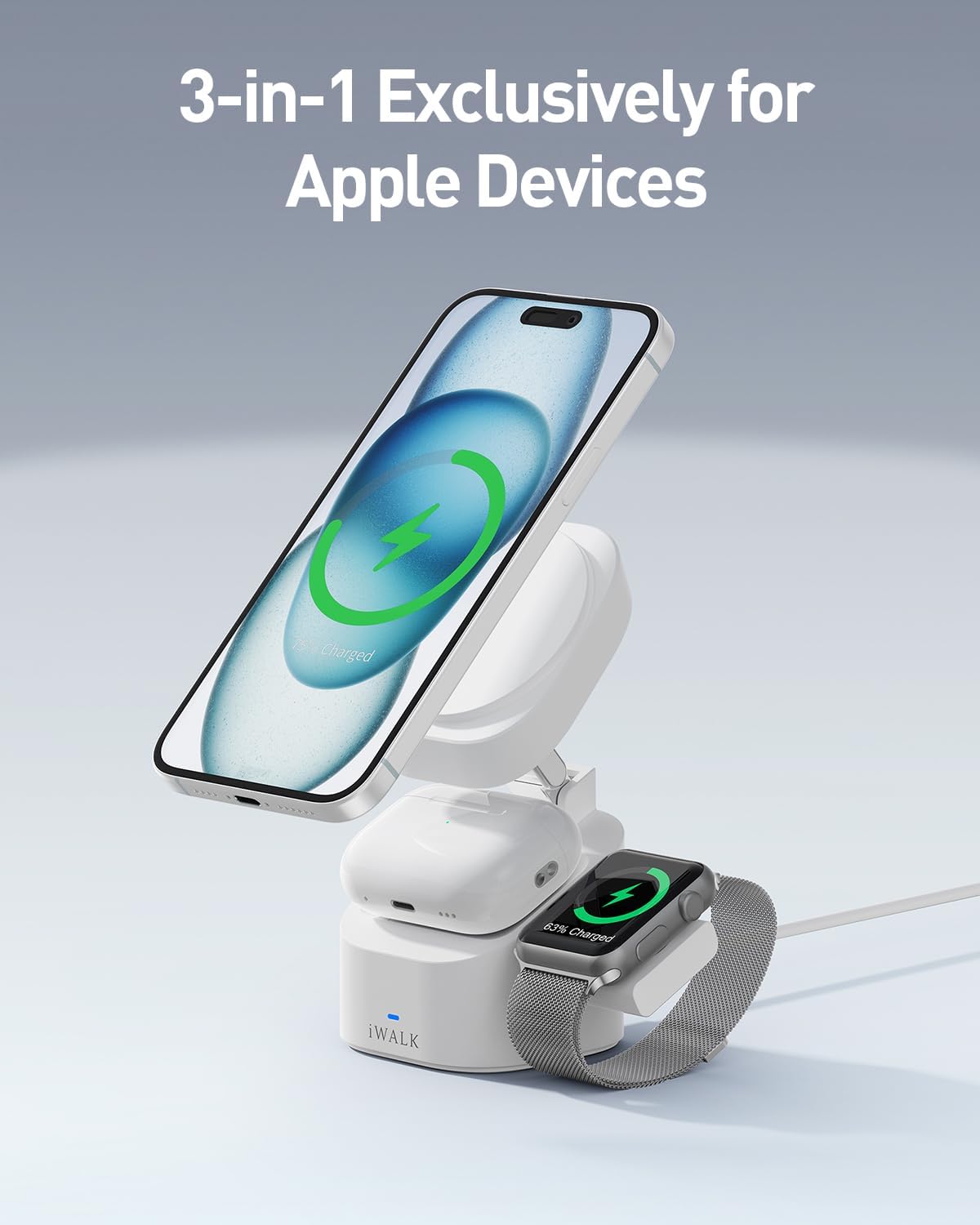 iWALK 3-in-1 Magnetic Wireless Charging Stand, 15W Foldable Charger Station for iPhone 16/15/14/13/12, Apple Watch & AirPods, Adjustable Dock with 20W USB-C Adapter