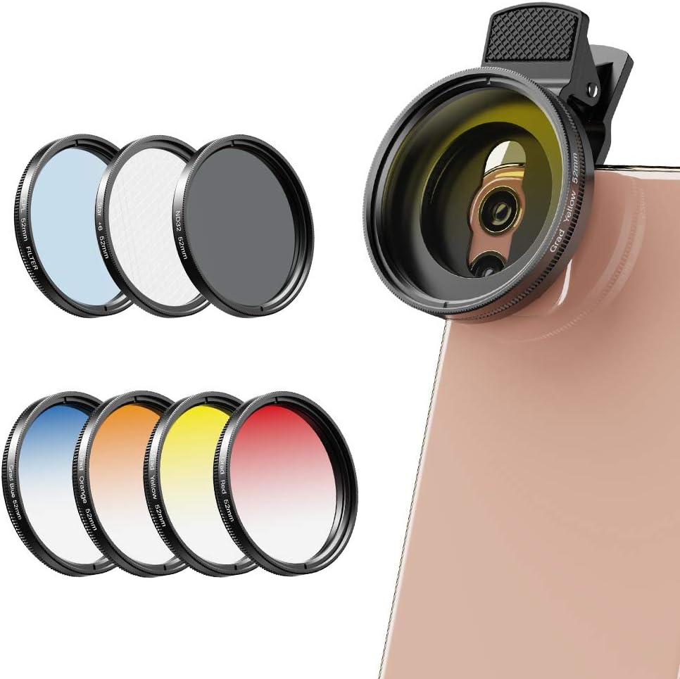 52mm Phone Camera Lens Kit Graduated Color Filter Accessory Kit - Four Color Lens, Star, CPL Filter, ND32 Filter Compatible with iPhone 15 14 Pro Max 13 12 11 & Canon Nikon Sony Cameras