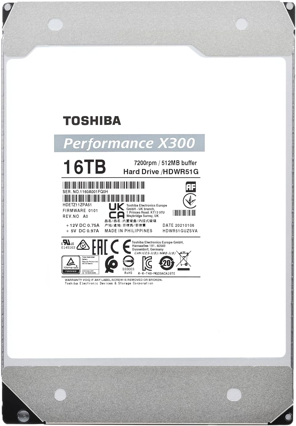 Toshiba X300 16TB Performance & Gaming 3.5-Inch Internal Hard Drive – CMR SATA 6 GB/s 7200 RPM 512 MB Cache - HDWR51GXZSTA