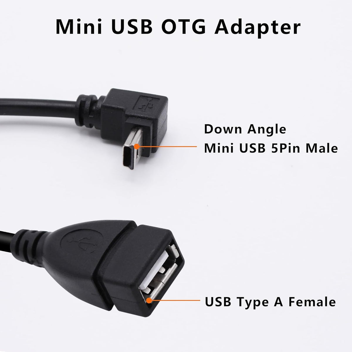 90 Degree Mini USB to USB A OTG Adapter Cable 5.5in Down Angle Mini USB 5-Pin Type B Male to USB Type A Female Adapter Cord for Digital Cameras,Black,14cm(2 Pack,Down)