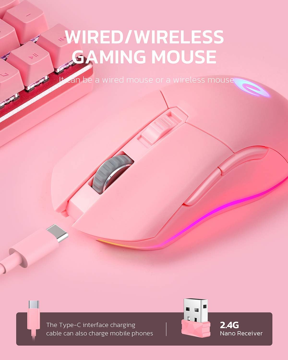 DAREU Pink Wireless Wired Gaming Mouse Dual-Mode Rechargeable 7 Programmable Buttons,10K DPI,RGB and 7 Adjustable DPI Levels up to [150IPS] [1000Hz Polling Rate] for PC Notebook Mac