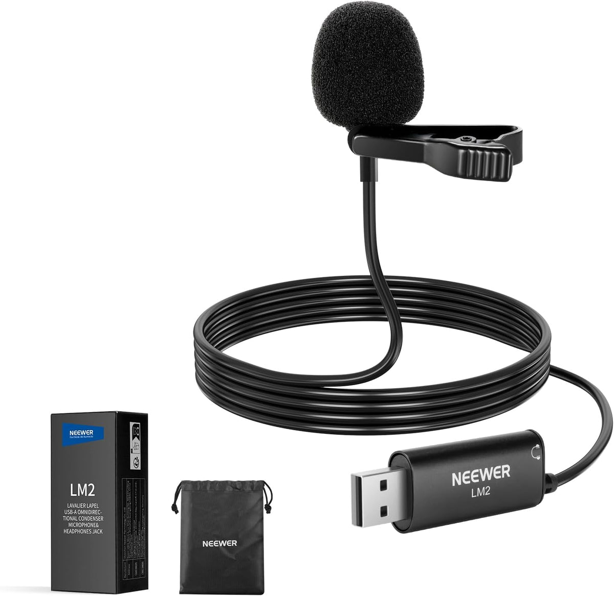 NEEWER USB Lapel Microphone, Plug & Play Mini Omnidirectional Clip On Lavalier Mic with 3.5mm Monitoring Headphones Jack for USB 2.0 Mac Windows PC Laptop Computer YouTube Skype Podcast Gaming, LM2